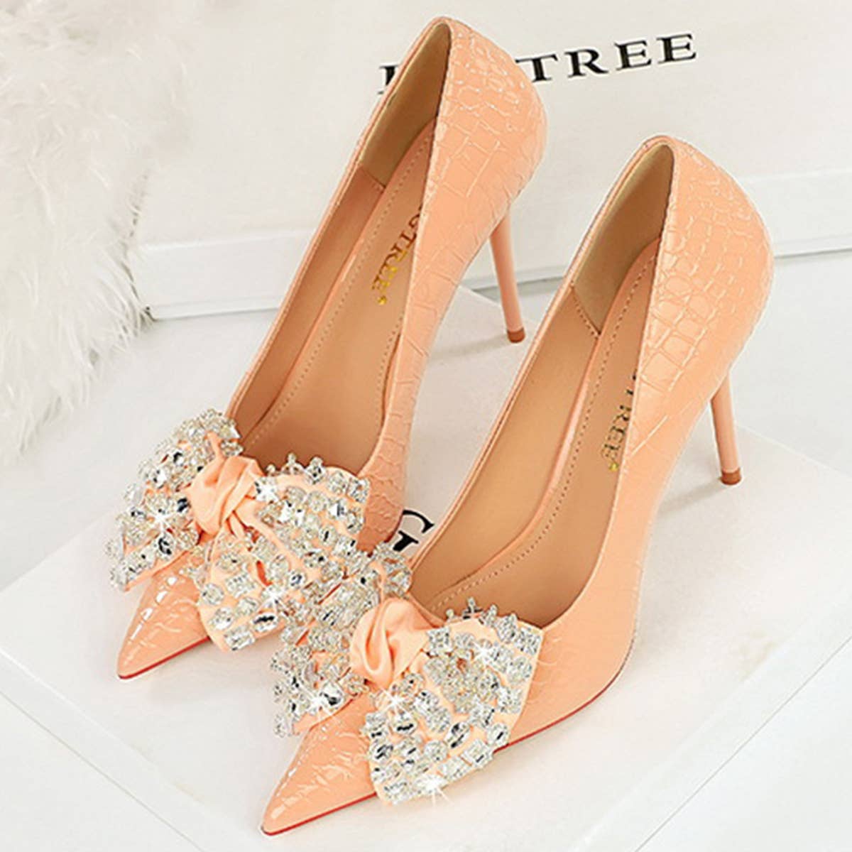SHALLOW POINTED TOE RHINESTONE BOW HIGH HEELS