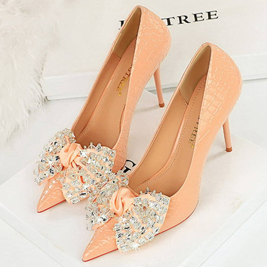 SHALLOW POINTED TOE RHINESTONE BOW HIGH HEELS