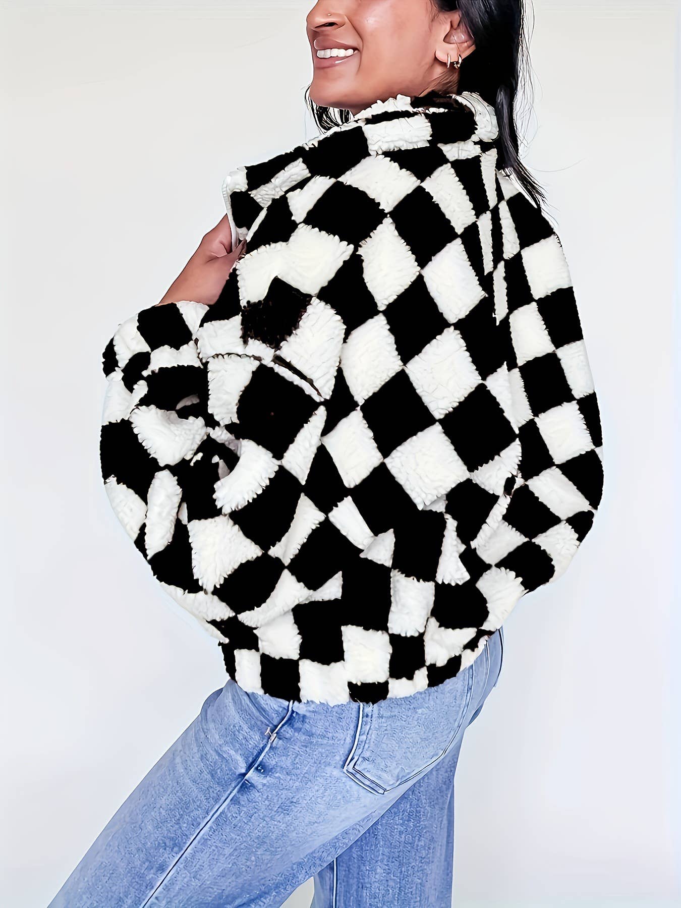 Stand-up collar zipper checkered fleece jacket