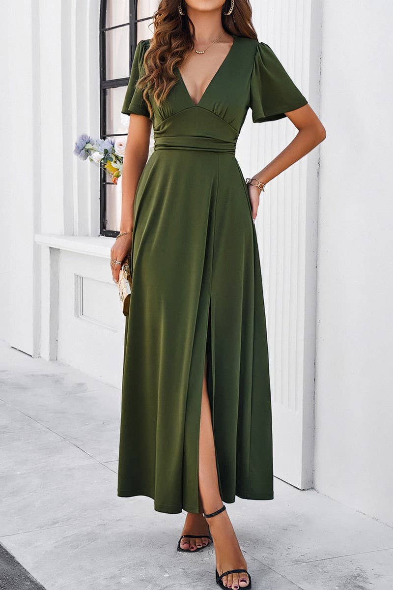 CWDMD1333_V-Neck Short Ruffle Sleeve Maxi Dress
