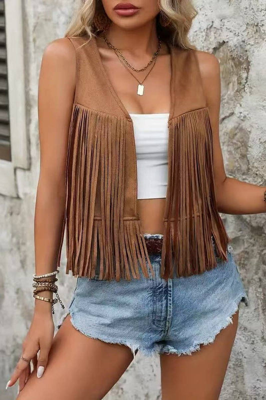 CWOCASL0053_SUMMER CASUAL RETRO CARDIGAN TASSEL VEST