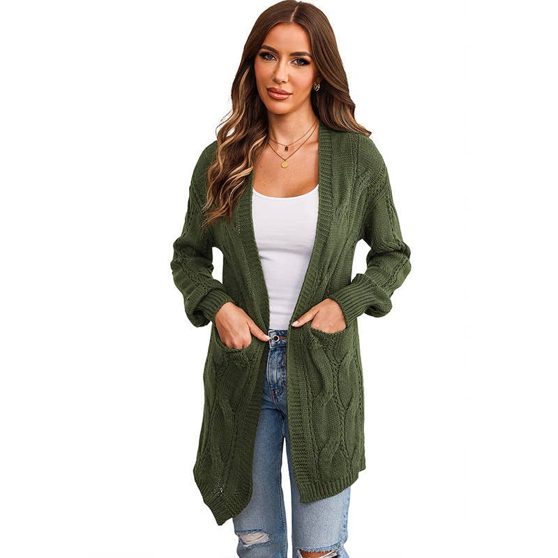 SOLID COLOR UNBUTTONED MID-LENGTH CARDIGAN