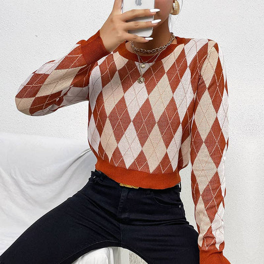 Vintage long sleeve short diamond check sweater