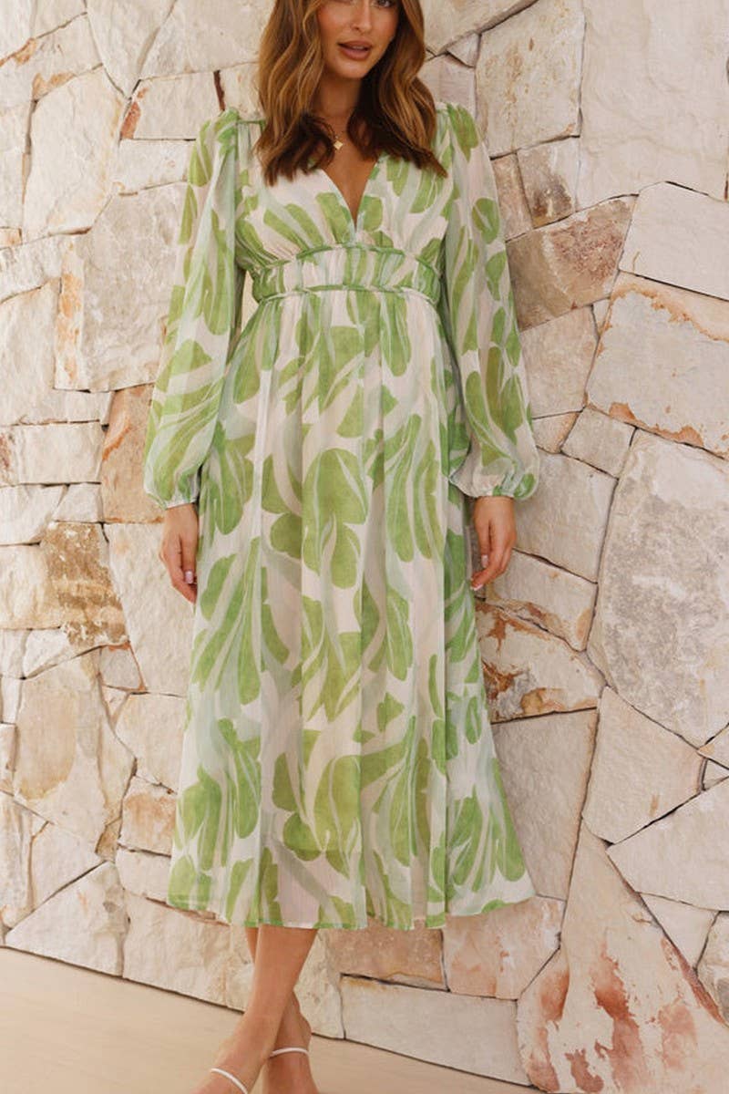 CWDMD5665_ELEGANT V-NECK FLORAL MESH LONG SLEEVE DRESS