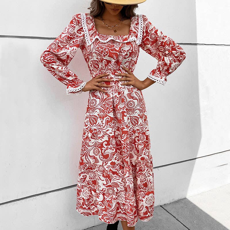 LACE SQUARE COLLAR LONG-SLEEVED PRINTED DRESS