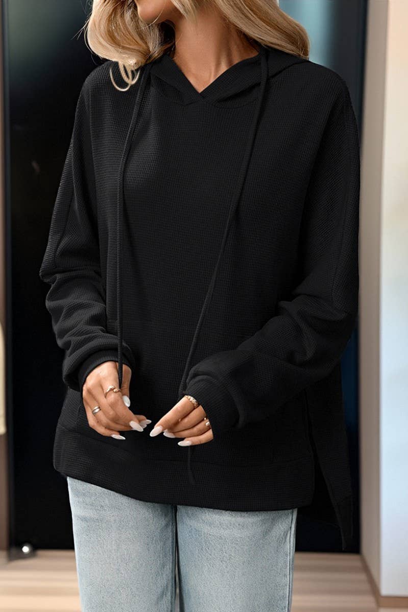 CWOHOL00603_WAFFLE KNIT PULLOVER LONG SLEEVE HOODIE