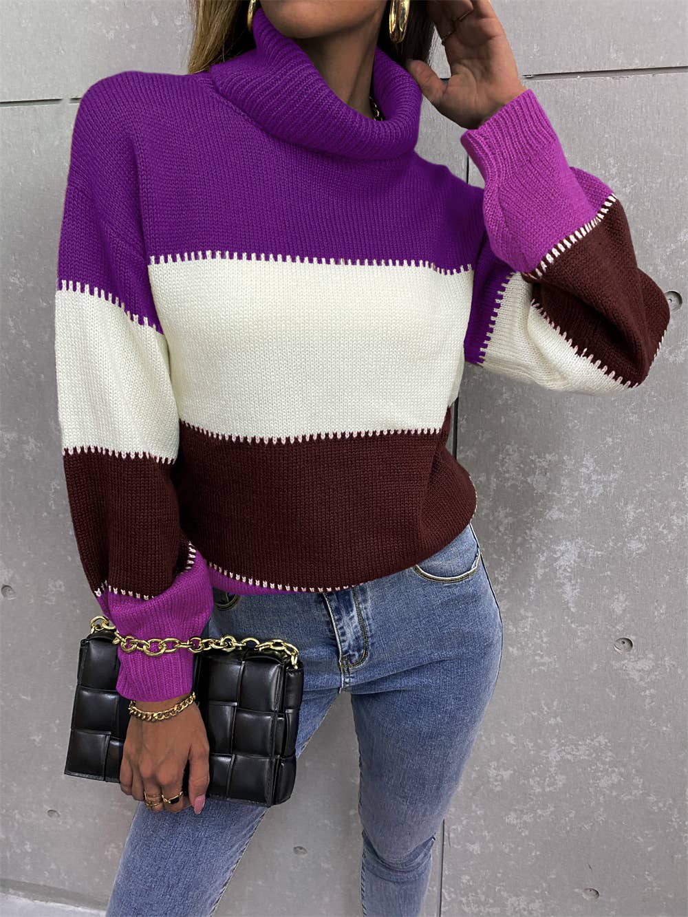 Turtleneck patchwork fashion knit long-sleeved sweater