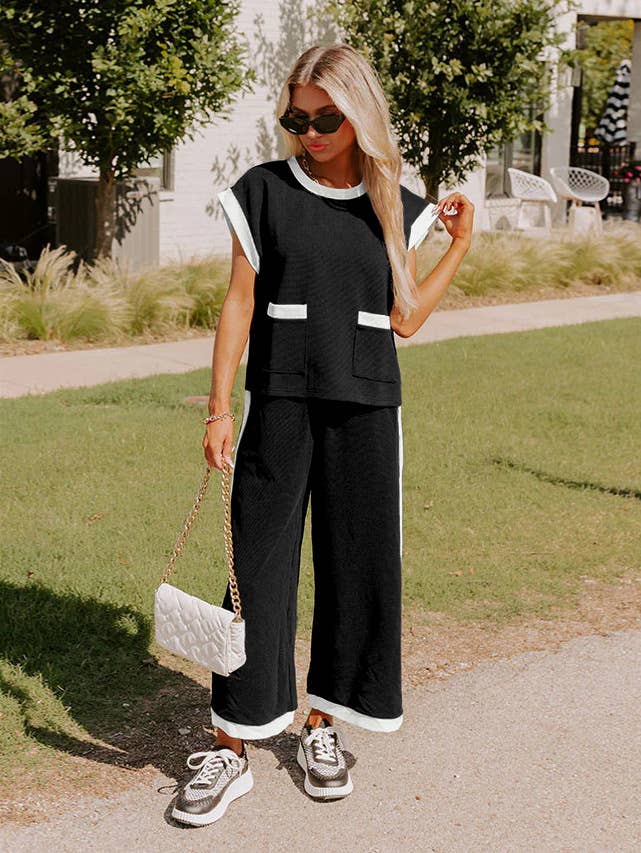 Round neck top straight pants color contrast suit