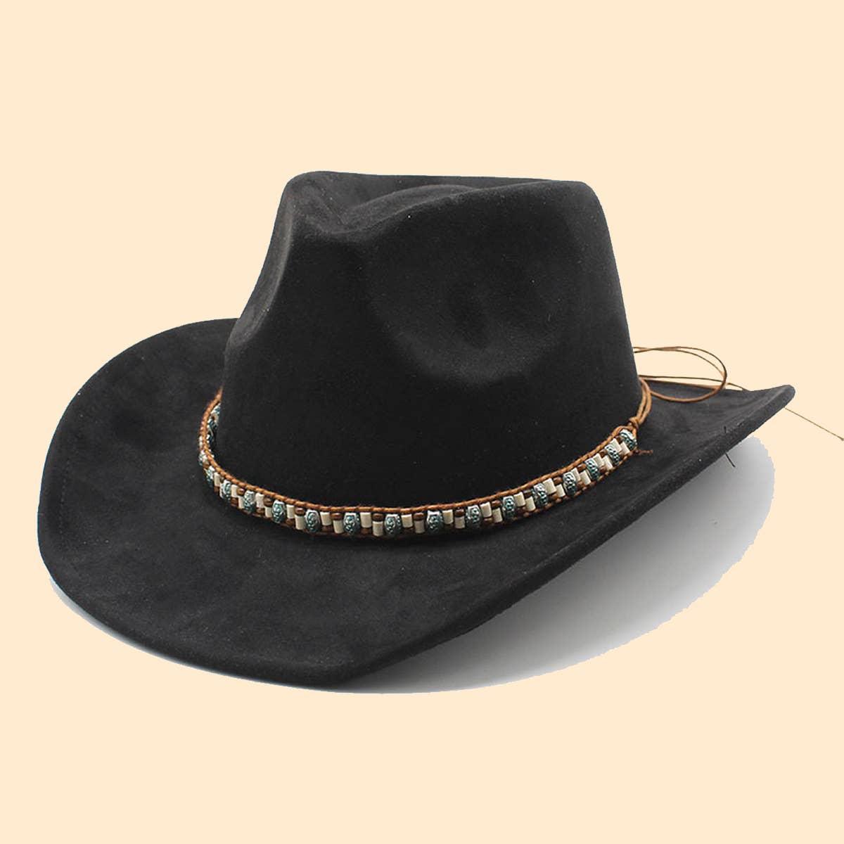 Felt Suede-Like Beaded Cowboy Fedora Unisex Hat_CWAH0822