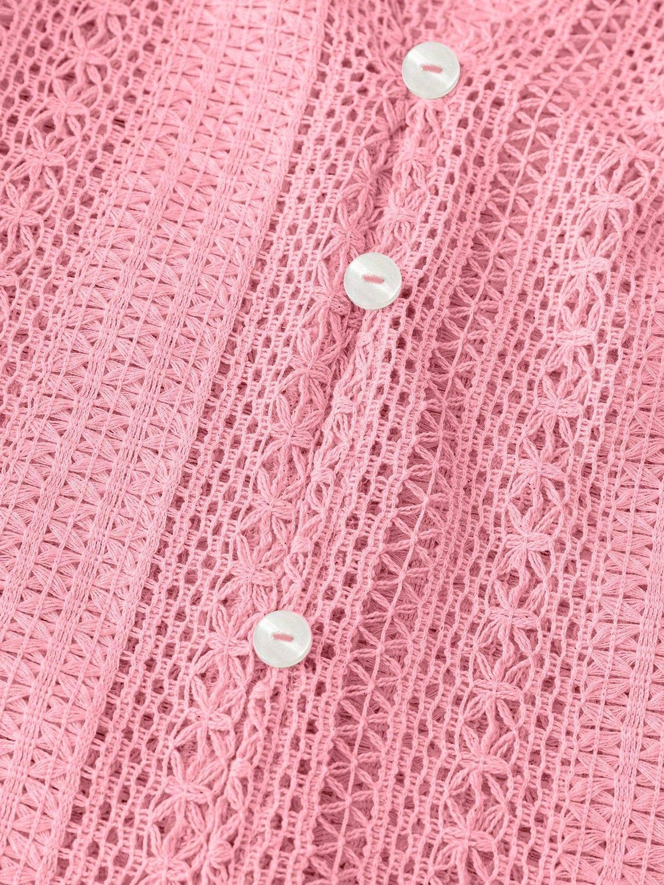 Hollowed-out lace V-neck single-breasted shirt