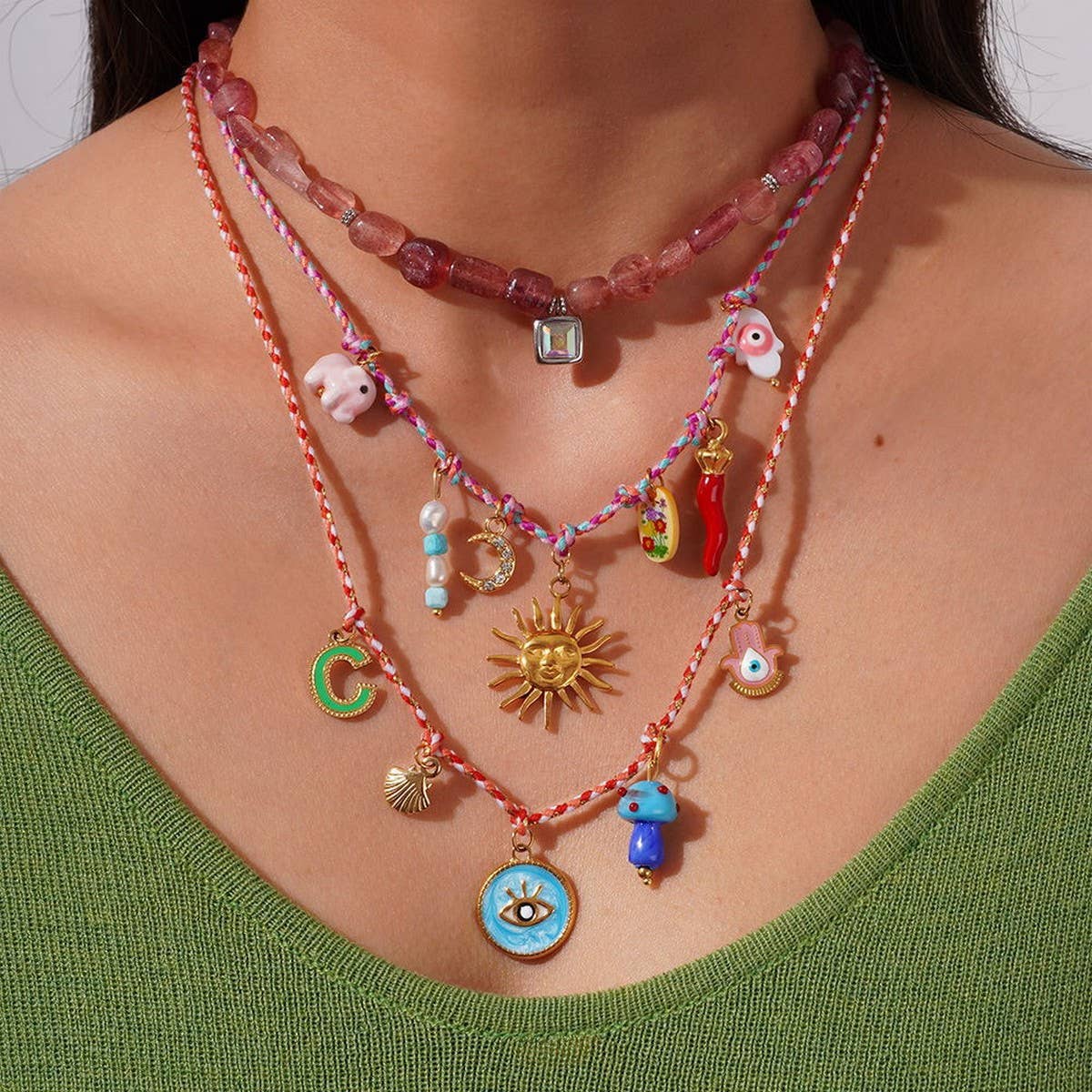 Fabric Sun Moon Necklace with Pink Crystal Charm_CWMM7539