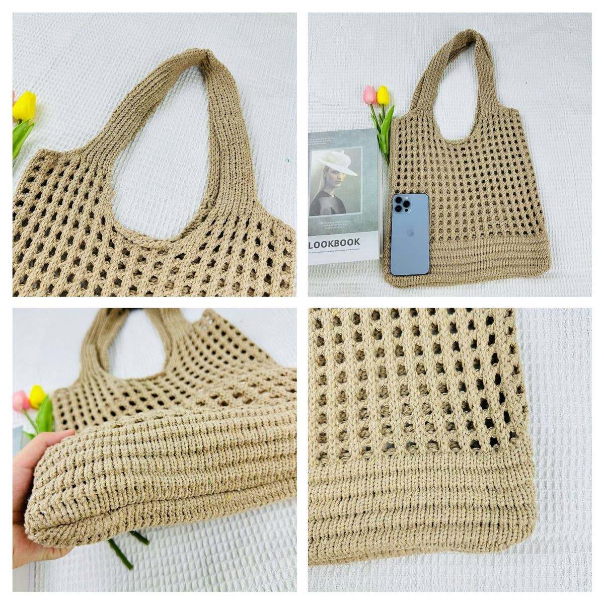 CWAB4576_SOLID COLOR KNITTED HOLLOW SHOULDER WOVEN BAG