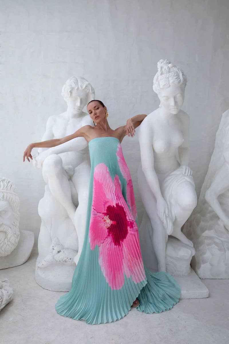 CWDMD5533_SUMMER PLEATED PRINTED BACKLESS TUBE DRESS