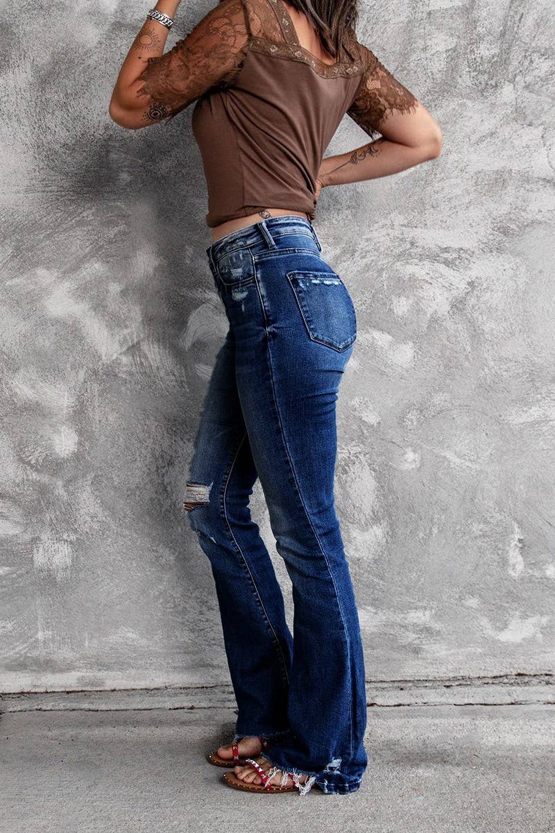 CWJP0604_HIGH WAIST STRETCH RIPPED FRAYED HEM FLARE JEANS