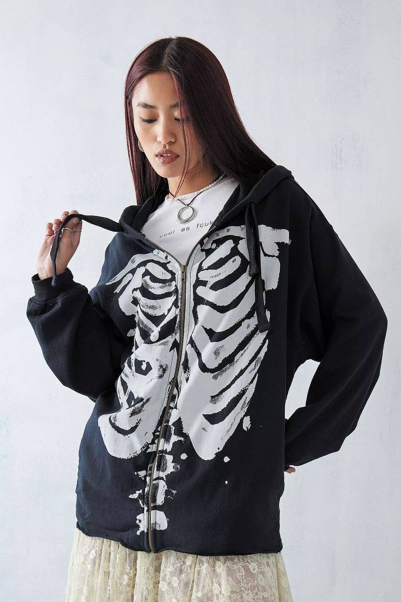 Fashionable punk-style zipper hooded sweatshirt