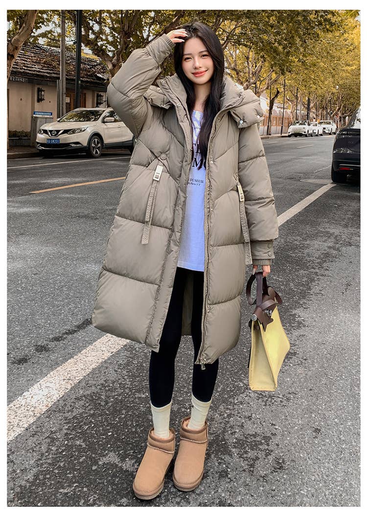 Warm hooded thick long pure color quilted jacket