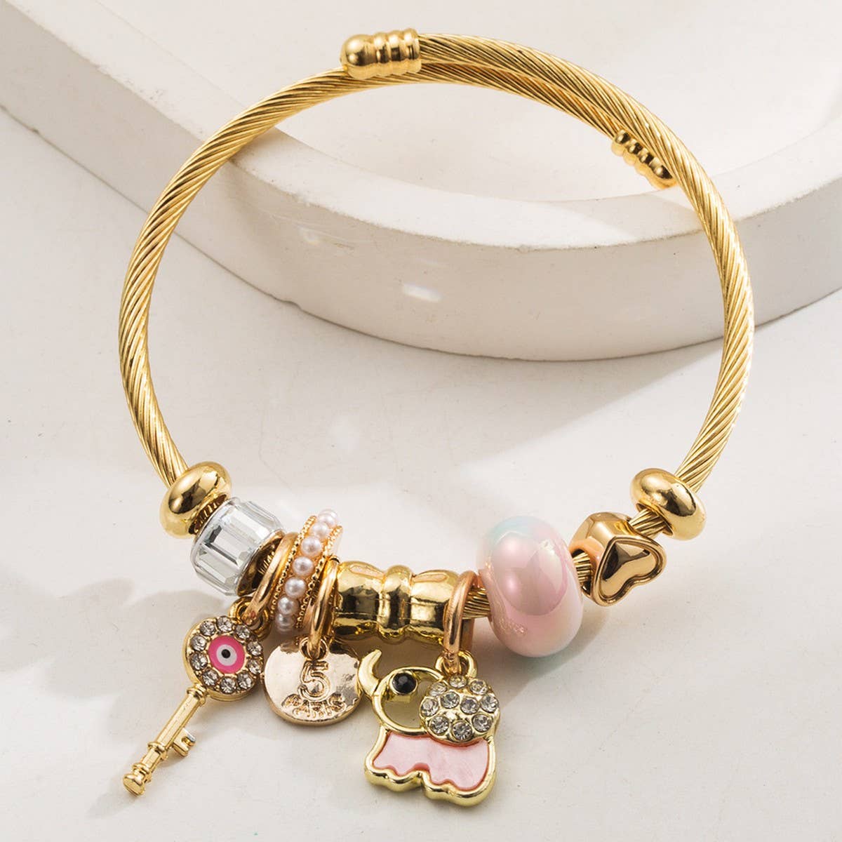 Personalized Elephant Charm Titanium Bracelet_CWMM8607