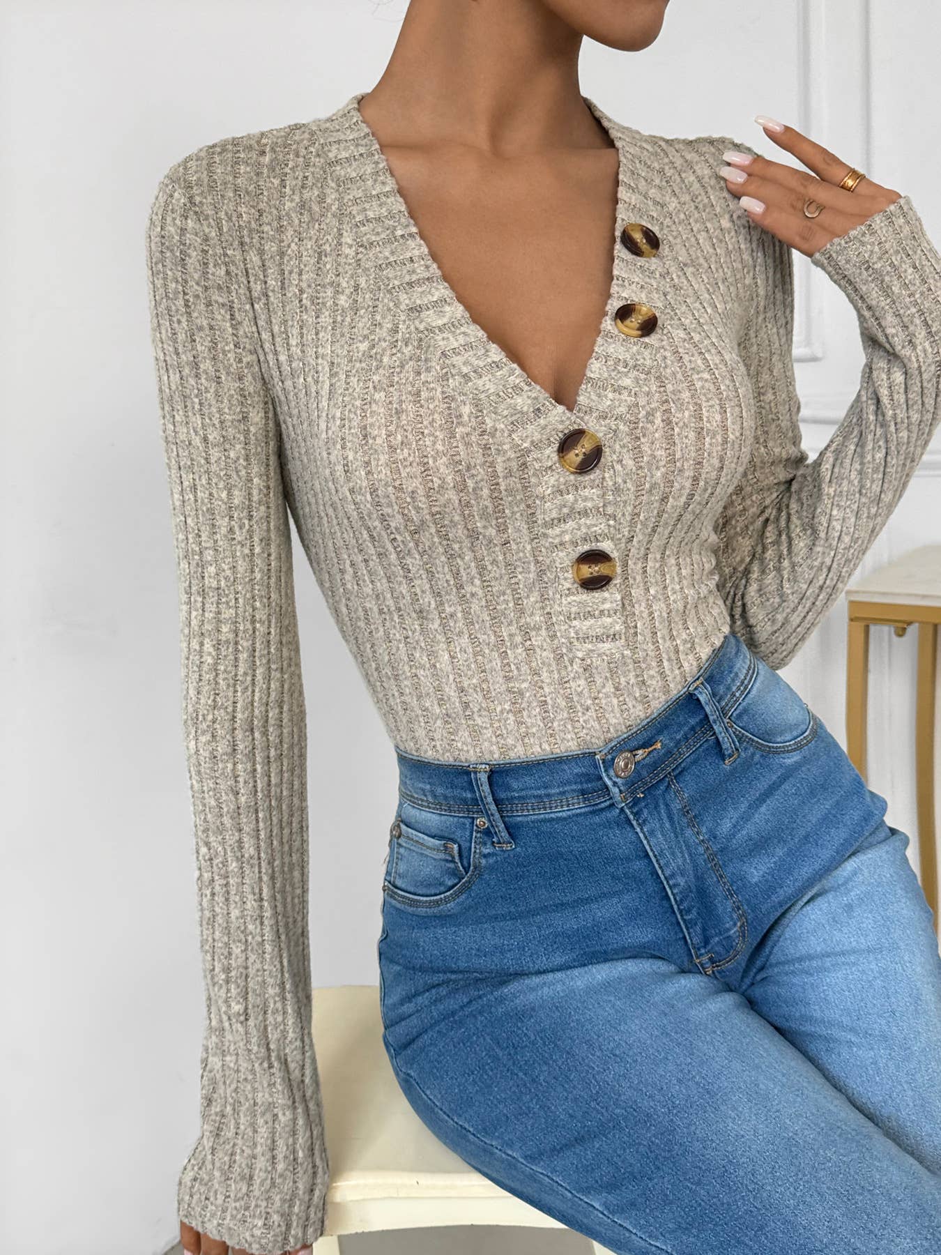 LONG SLEEVE PIT STRIPED V-NECK JUMPSUIT