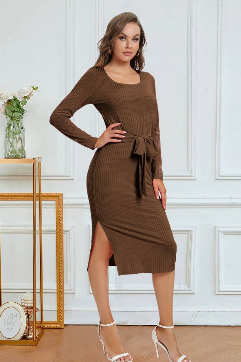 CWDMD4728_SOLID COLOR STRAPPY SLIT MID-LENGTH DRESS