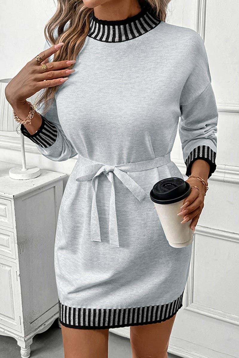 CWDSD10583_STRIPED TRIM MOCK NECK COLORBLOCK SWEATER DRESS