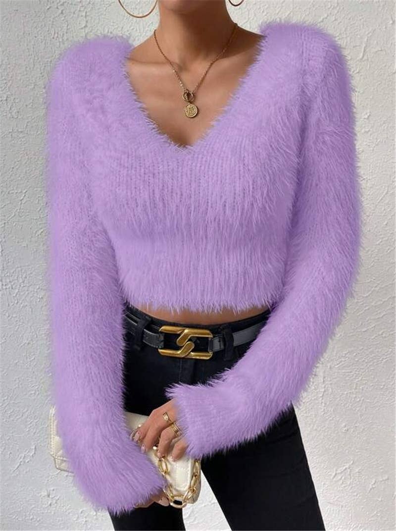 Solid-color V-neck fitted plush short sweater