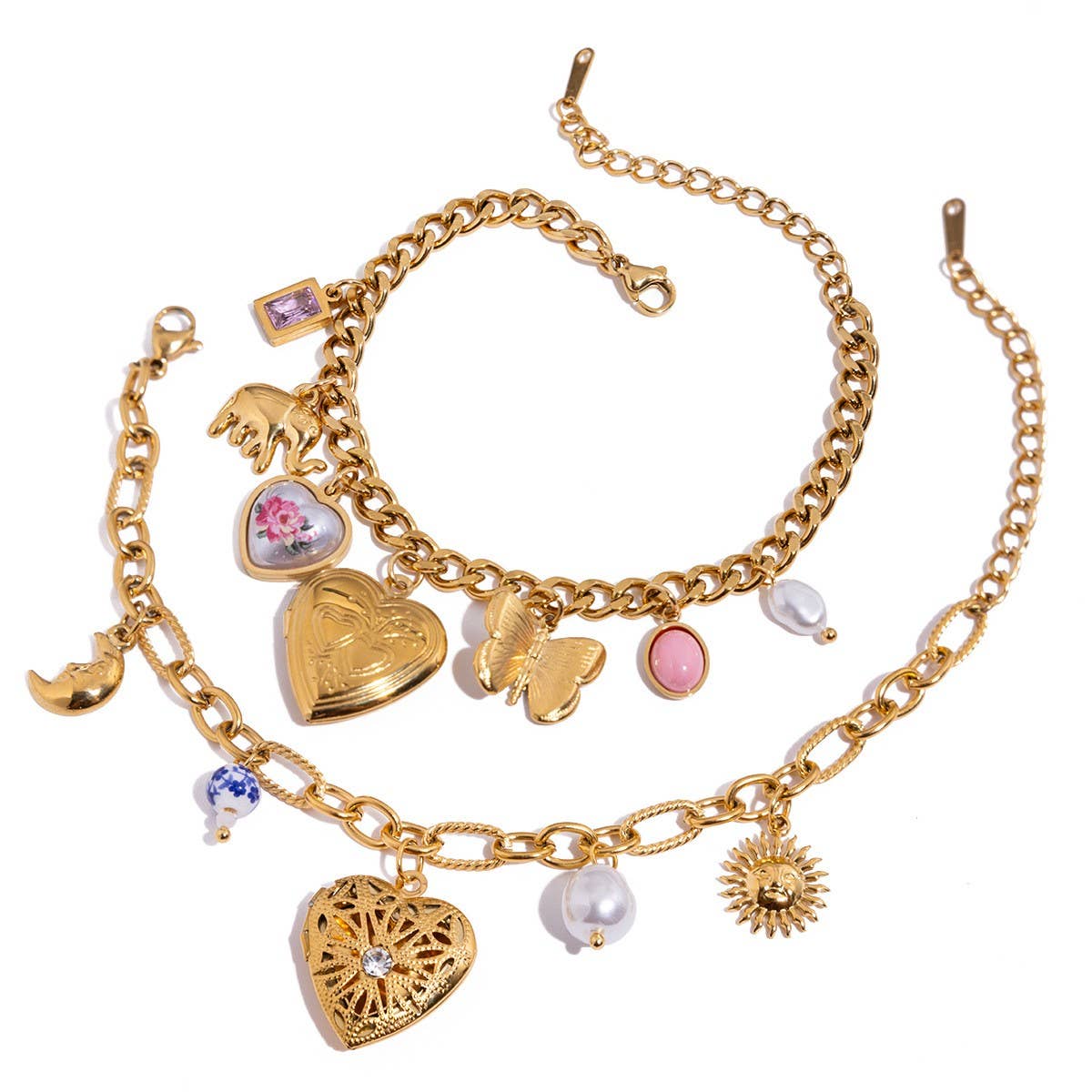 Romantic Pearl & Ceramic Heart Photo Bracelet