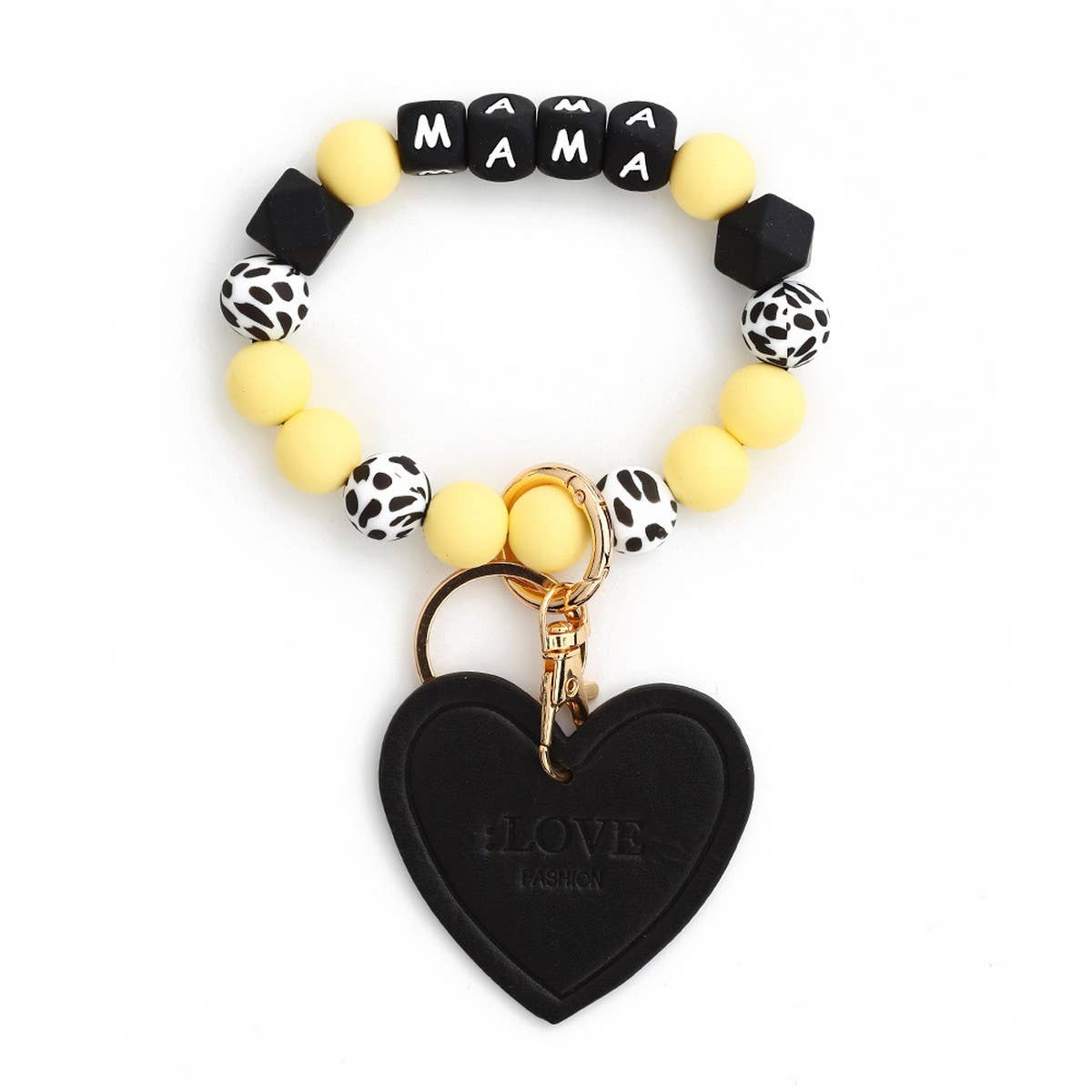Leopard Print Silicone Bead Heart Bracelet Keychain_CWAB5018