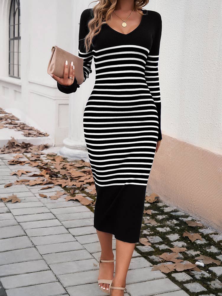SLIM-FIT V-NECK STRIPED SWEATER DRESS