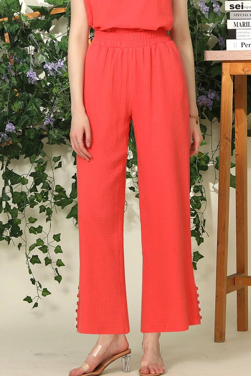 CWBLP426_BANDED SMOCKING LONG PANTS WITH BUTTON DETAILED