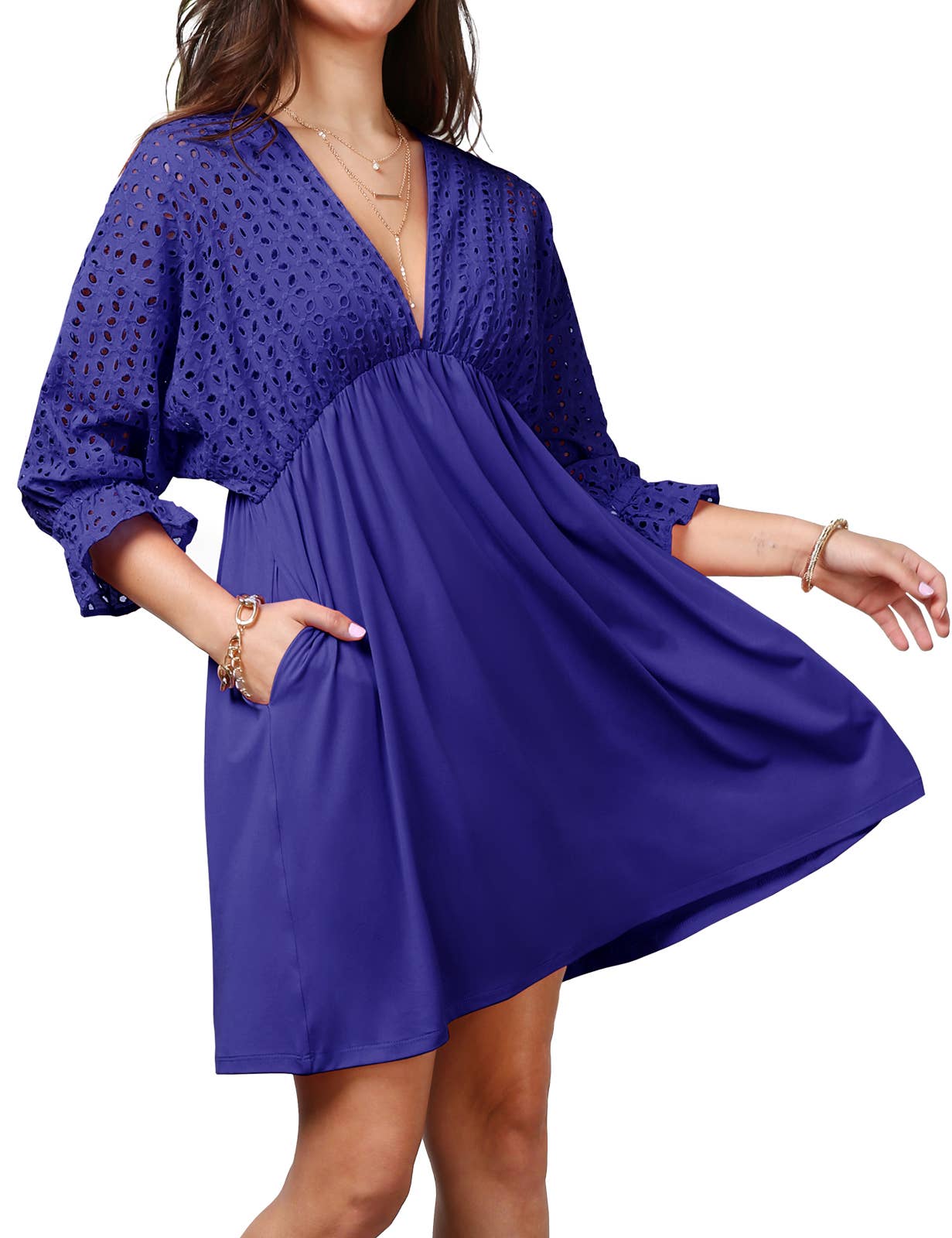 CWDSD10370_COTTON EYELET CONT BODICE WITH 3/4 SLEEVE DRESS