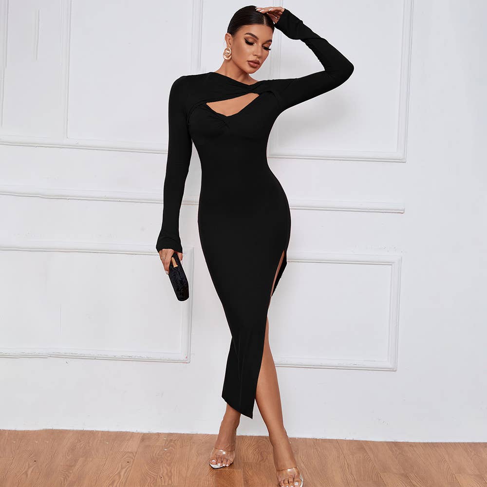 Slim-fit hip-hugging sexy split long-sleeve dress
