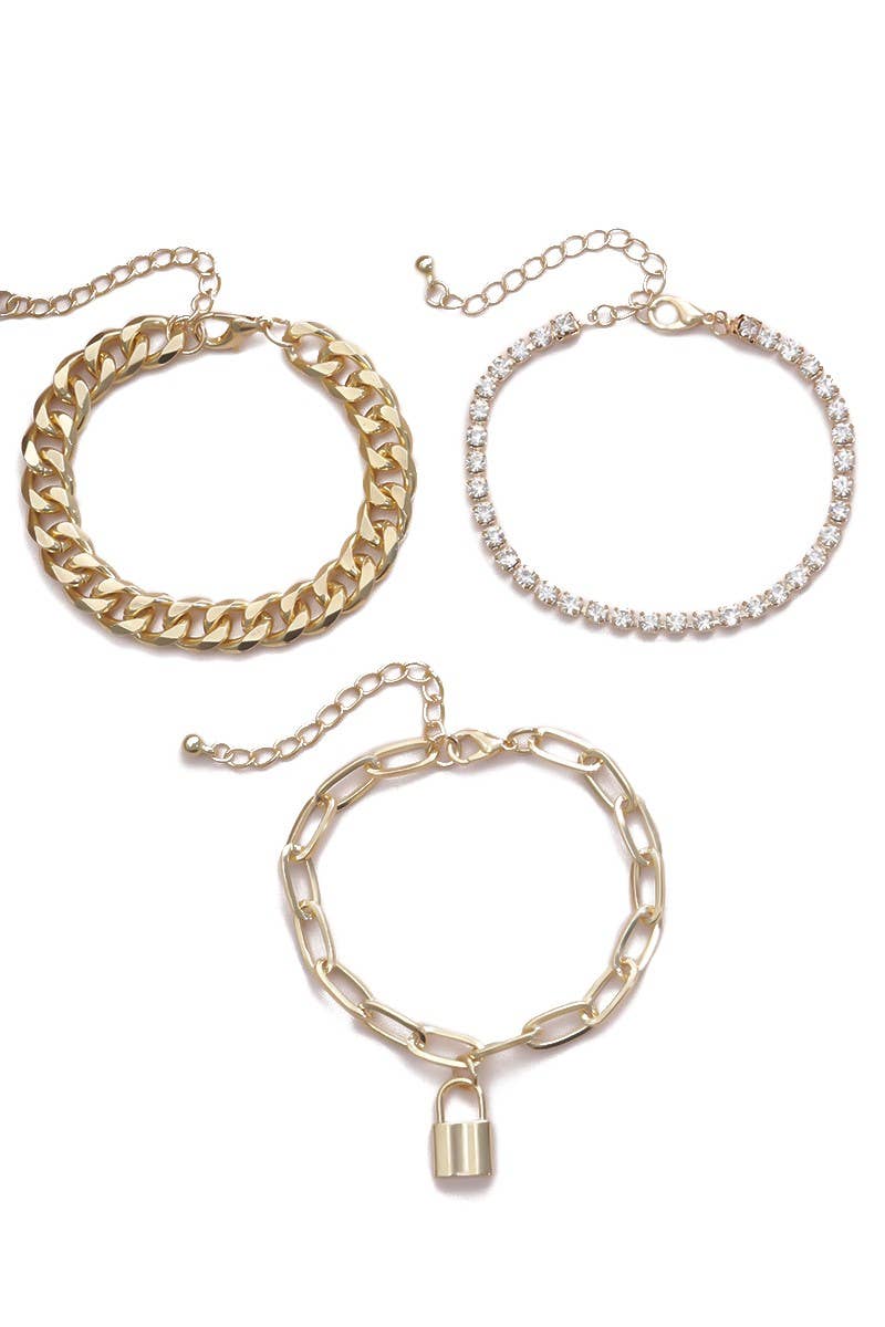 LOCK PENDENT AND RHINESTONE AND CHAIN BRACELET