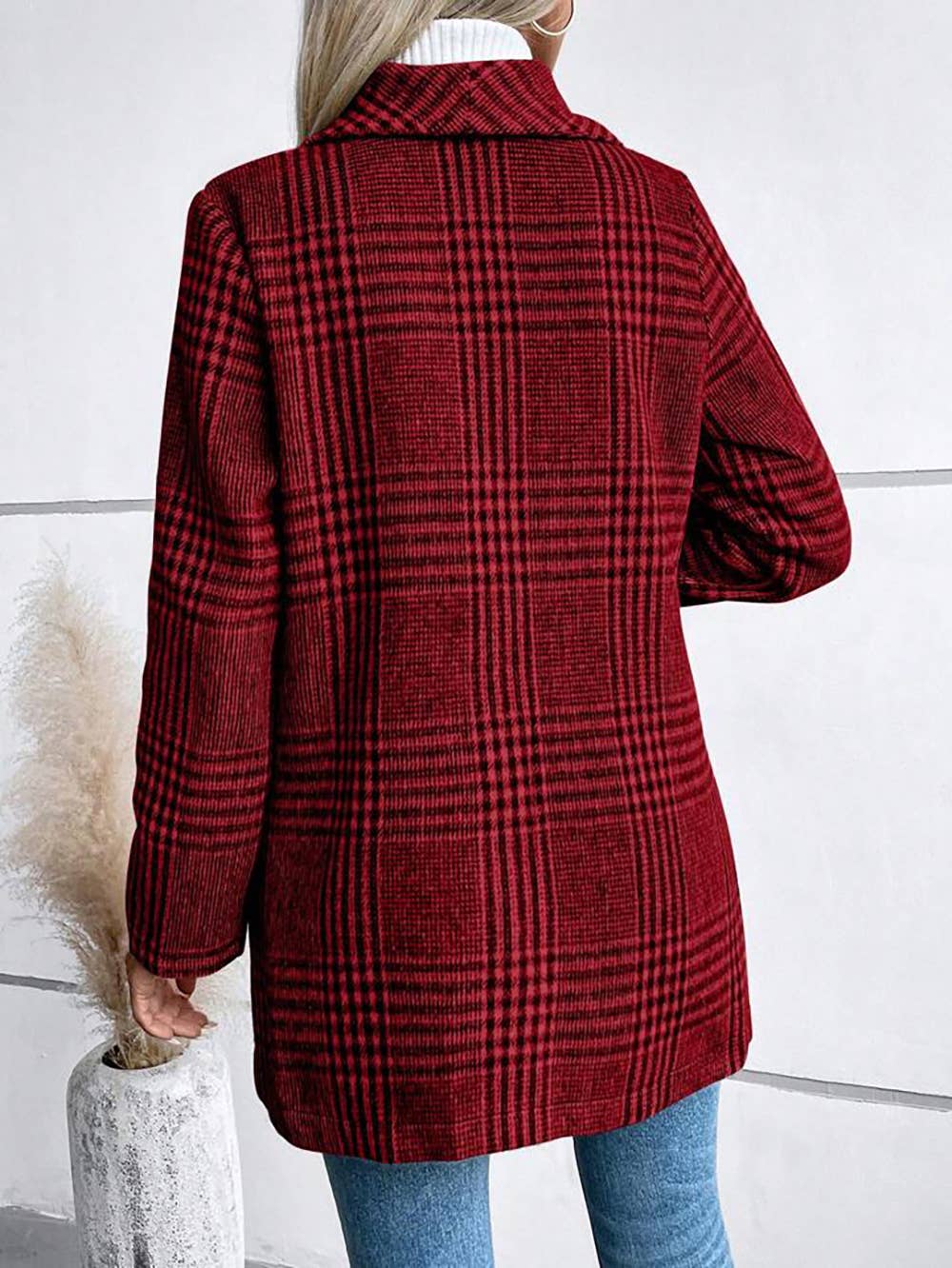 LAPEL WOOL PLAID COAT SLIM TEMPERAMENT COAT
