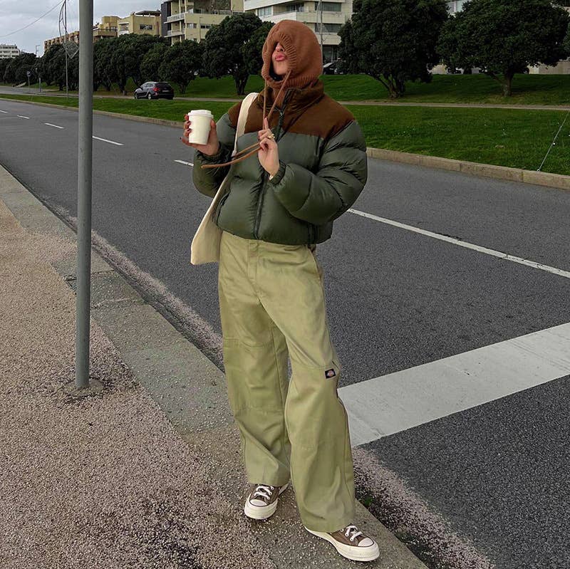 SOLID COLOR ROUND NECK ZIPPER POCKET BREAD JACKET