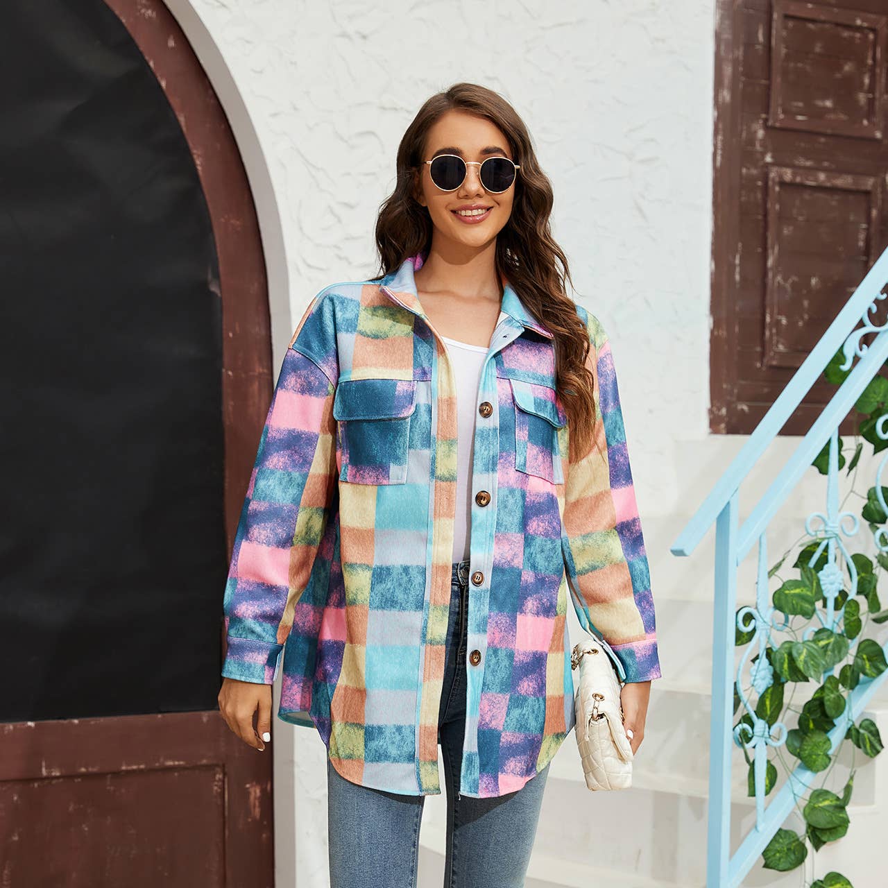 Tweed color-blocked fashionable shirt jacket