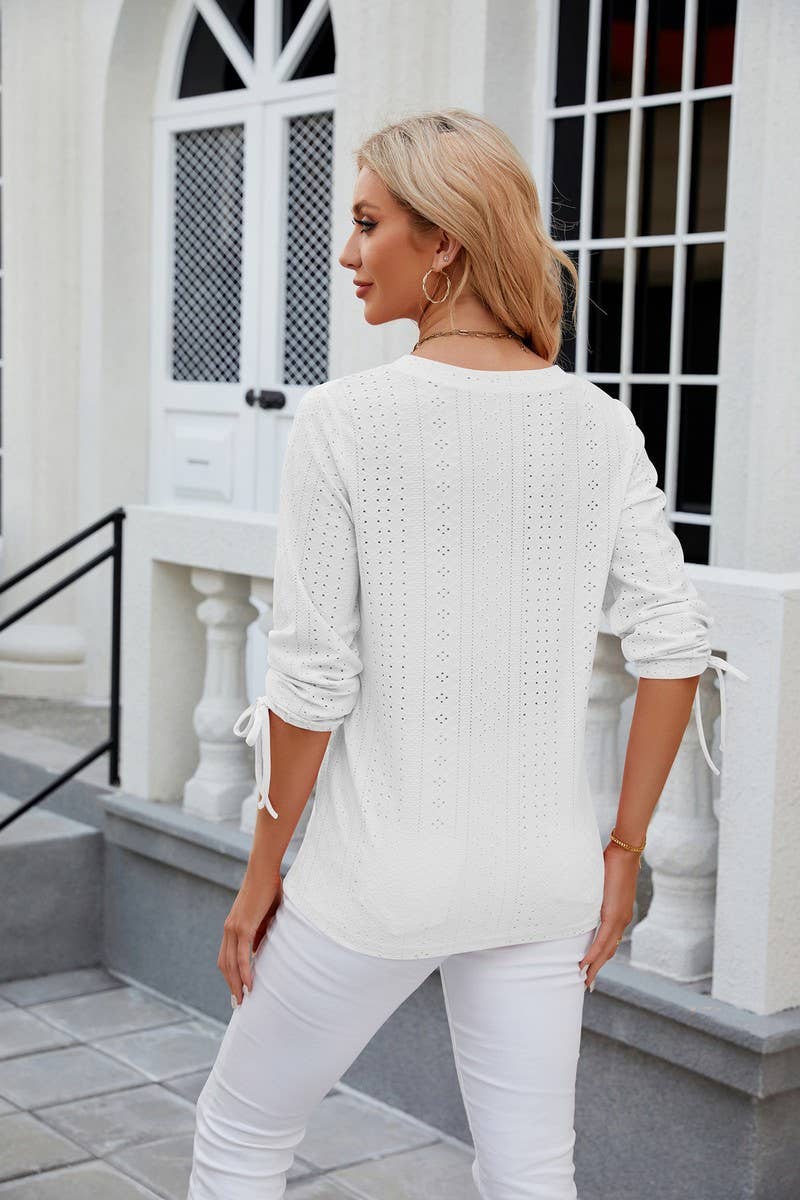 V NECK BUTTON DRAWSTRING T SHIRT_CWTSTS0191