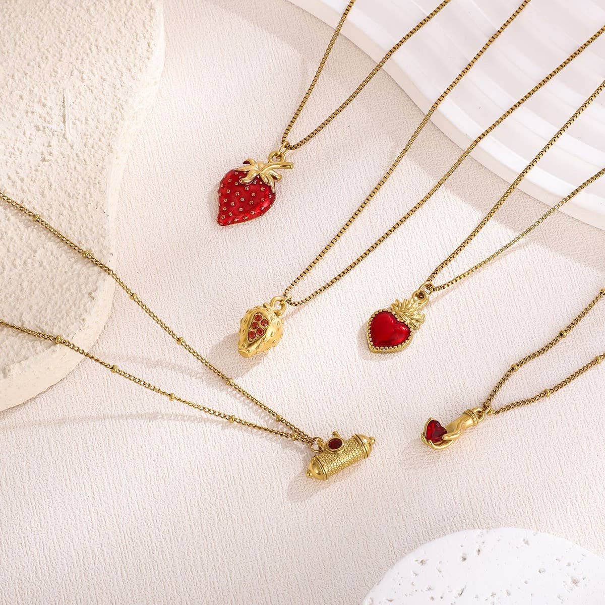Enamel Heart Necklace with Strawberry Charm