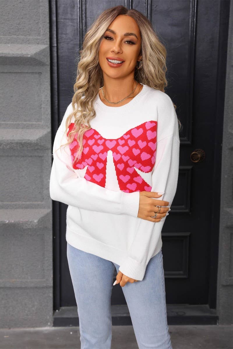 CWOSWL07580_BOWKNOT HEART VALENTINE'S DAY SWEATER