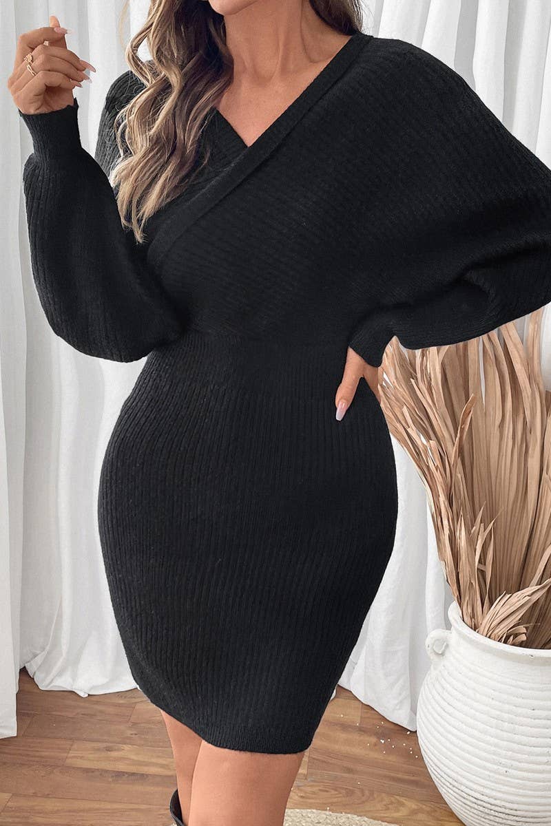 CWDSD7299_BATWING SLEEVE SOLID COLOR KNITTED SWEATER DRESS