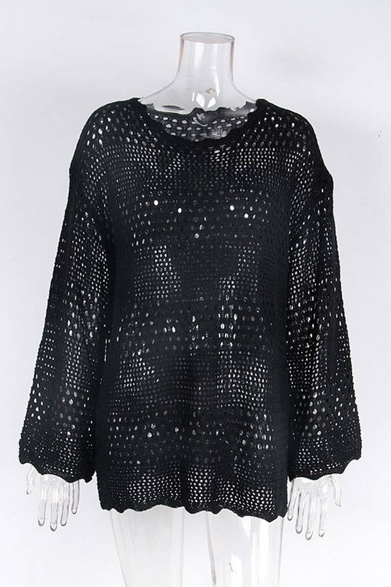 CWTBLL0946_HOLLOW KNIT SMOCK FLARED SLEEVE BEACH DRESS