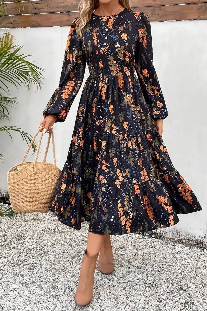 CWDMD5594_FASHION FLORAL PRINT ROUND NECK LONG SLEEVE DRESS