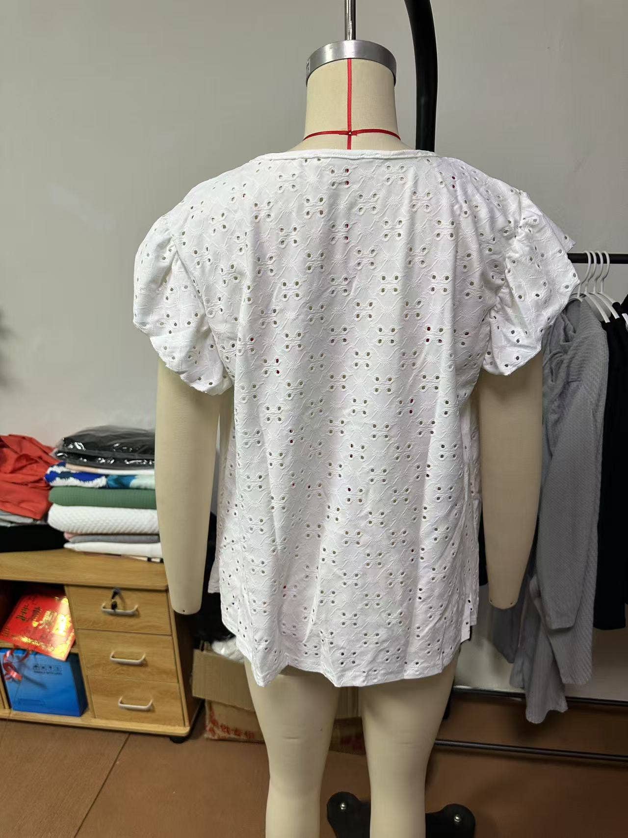 Jacquard V-neck pusher short-sleeved T-shirt