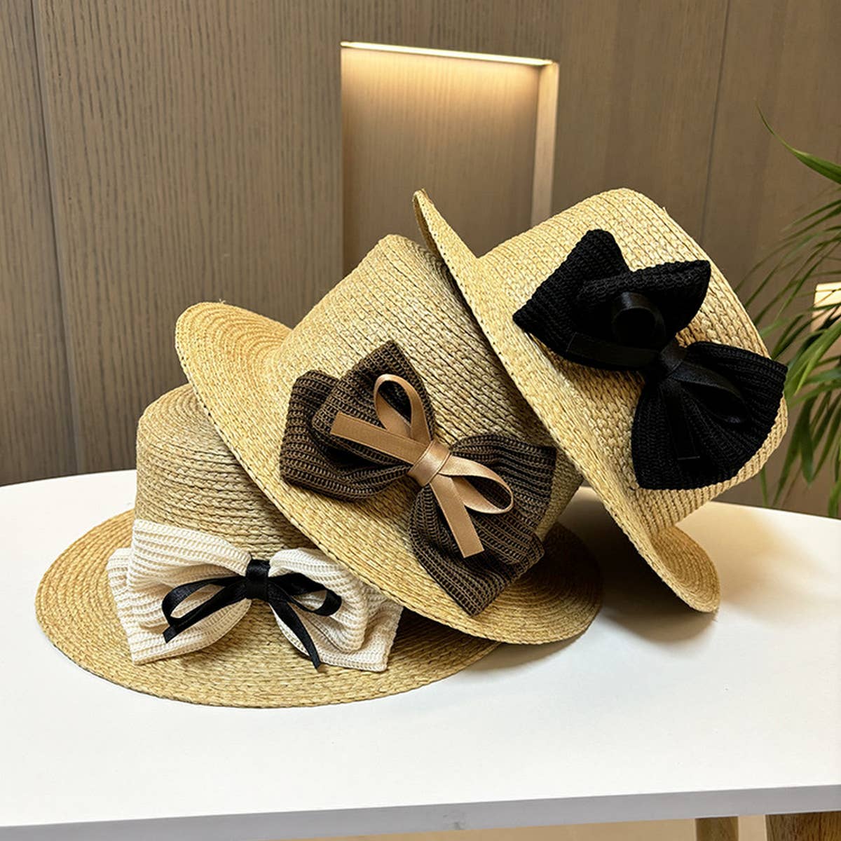 RETRO VACATION TRAVEL SUNSHADE BOW STRAW HAT_CWAH1215