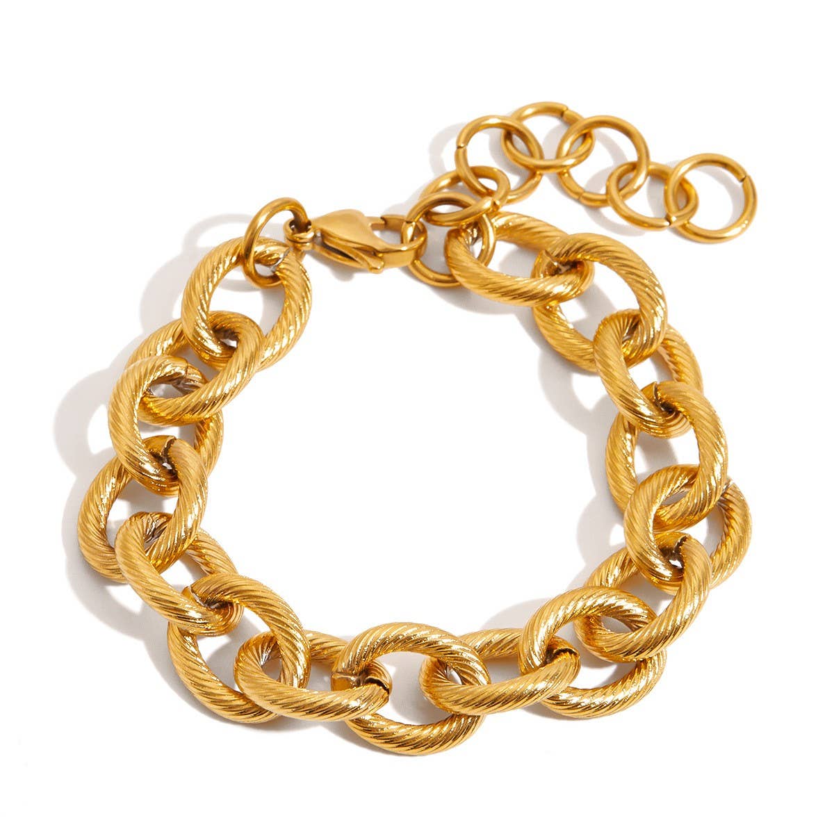 Thick Ribbed Cross Chain Bracelet, 18K Gold Steel