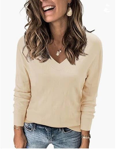 SOLID COLOR RIB V-NECK LONG SLEEVE SWEATER