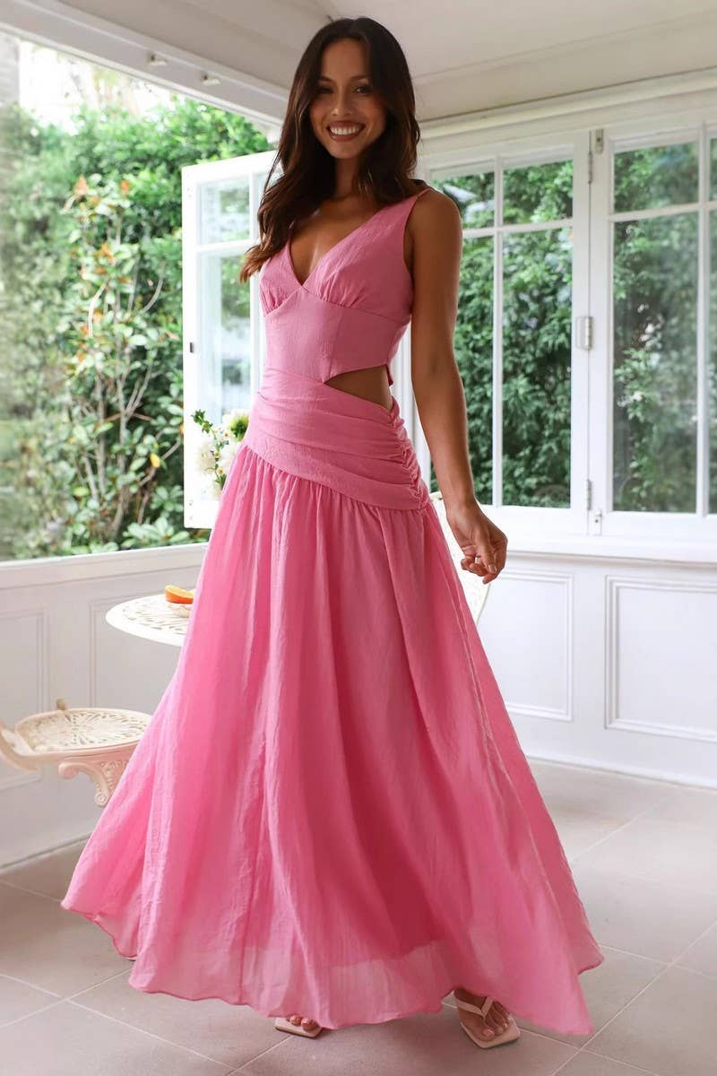 CWDMD5647_V-NECK SLEEVELESS COLORBLOCK MAXI FLARE DRESS