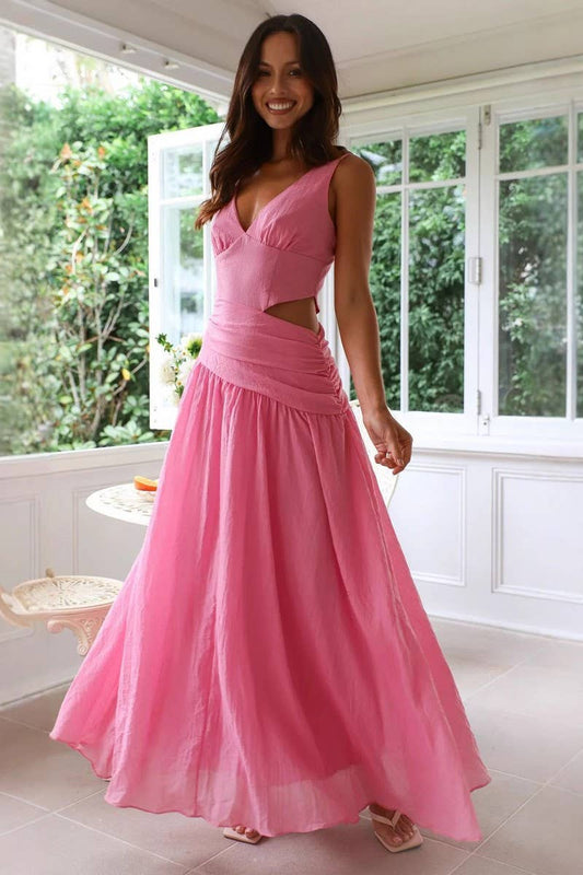 CWDMD5647_V-NECK SLEEVELESS COLORBLOCK MAXI FLARE DRESS