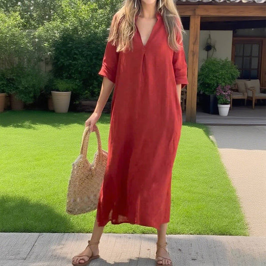 Slits on both sides pleated front V-neck dress