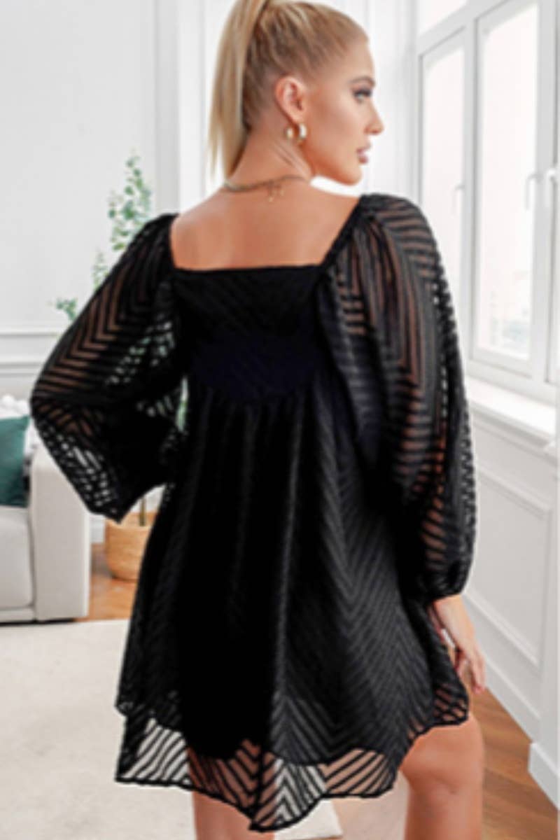 CWDSD6596_JACQUARD SQUARE COLLAR LANTERN SLEEVE DRESS SHORT