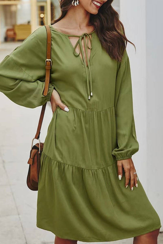 CWDMD5414_V-NECK LONG SLEEVE HIGH WAIST TIE MIDI DRESS